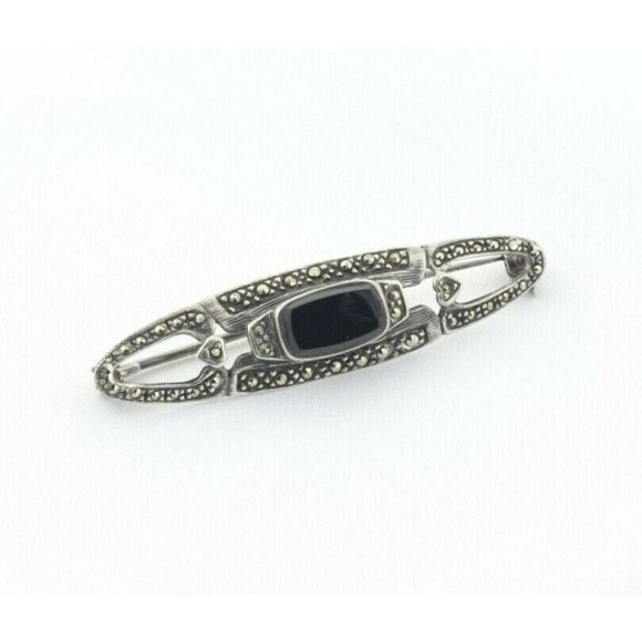 Sterling Silver Marcasite and Onyx Bar Pin Brooch - Picture 4 of 7